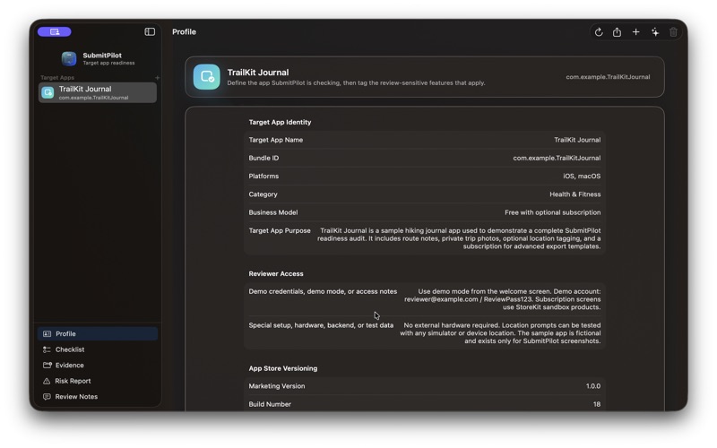 SubmitPilot product screenshot showing an App Store readiness workflow.